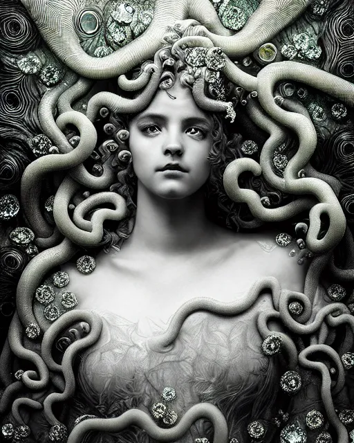 Image similar to surreal mythical dreamy underwater artistic bw photo of a beautiful young female angelic - medusa - cyborg covered with fish scales and algae, highly detailed, intricate crystal ivy jelly fish scales ornate, poetic, octane render, 8 k, photo - realistic, in the style of gustave dore and preraphaelites