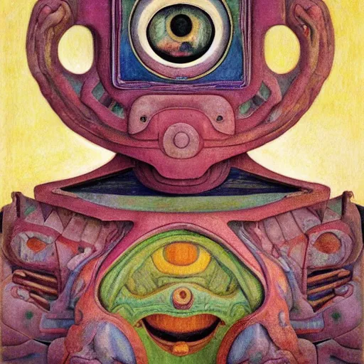 Prompt: robot queen with human eyes, by annie swynnerton and diego rivera and lucien freud and jean delville, symbolist, dramatic lighting, elaborate geometric ornament, art brut, soft pastel colors, smooth, sharp focus, extremely detailed, adolf wolfli, leo and diane dillon, nicholas roerich, donato giancola