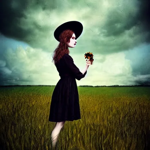 Image similar to a girl standing in a field, wearing black old dress and hat, by andrea kowch, andrea kowch style painting, dark, scene, magicrealism, flowers in background,