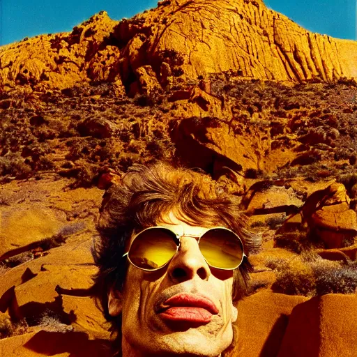 Image similar to mick jagger dressed in golden costume with jewels in a dry rocky desert landscape, visible sky and sunny atmosphere, fata morgana by alejandro jodorowsky, anamorphic lens, kodakchrome, 8 k -