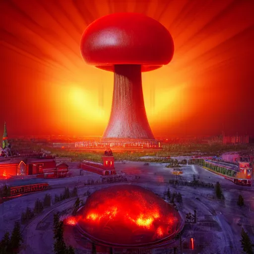 Image similar to a big nuclear explosion with realistic nuclear mushroom in Red Square Kremlin, dramatic lighting, cinematic, extremely high detail, photo realistic, cinematic lighting, post processed, concept art, artstation, matte painting, unreal engine 8k