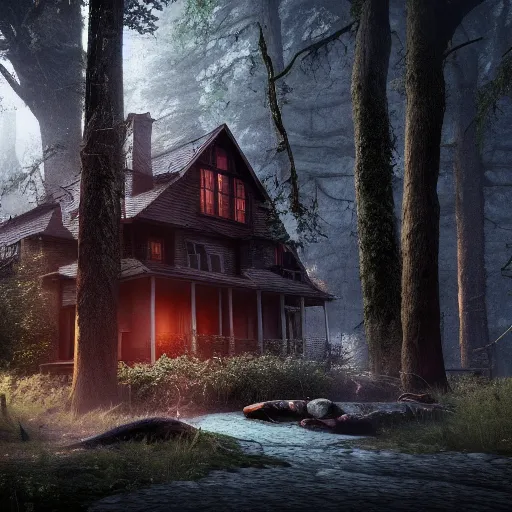 Image similar to horror, house, forest, rain, dark, octane render, artstation, unreal engine 5 highly detailed, epic composition,