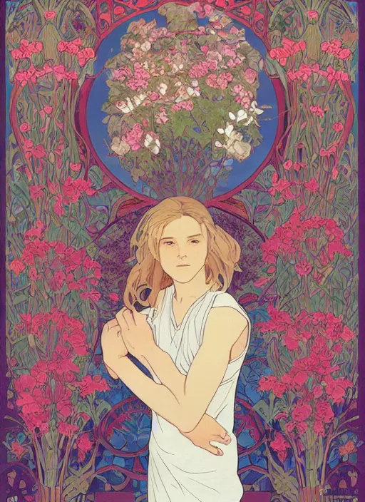 Image similar to book cover, pretty young man with shoulder length blond hair, male, half body shot, flower pattern background, path traced, highly detailed, high quality, digital painting, by studio ghibli and alphonse mucha, leesha hannigan, hidari, art nouveau, chiho aoshima, jules bastien - lepage