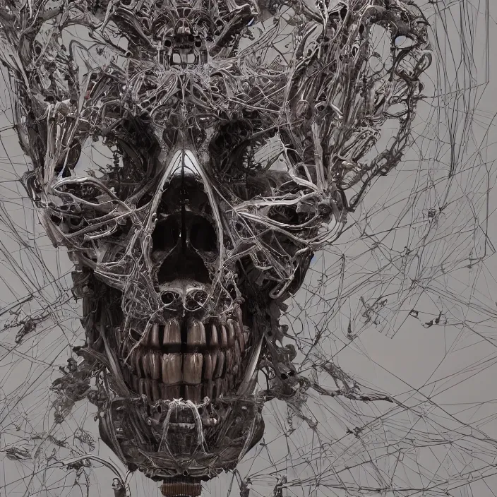 Prompt: portrait of a biomechanical skull. intricate abstract. intricate artwork. nightmare fuel. by Tooth Wu, wlop, beeple, dan mumford. octane render, trending on artstation, greg rutkowski very coherent symmetrical artwork. cinematic, hyper realism, high detail, octane render, 8k, iridescent accents