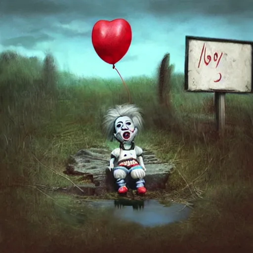 Image similar to grunge cartoon landscape sketch of chucky with a wide smile and a red balloon by - michal karcz, loony toons style, pennywise style, mona lisa style, horror theme, detailed, elegant, intricate