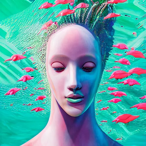 Prompt: trending on ArtStation, highly detailed, vaporwave surreal ocean, dolphins, pool, checkerboard pattern underwater, cuastics, award winning masterpiece with incredible details, ArtStation, a surreal vaporwave vaporwave vaporwave vaporwave vaporwave painting by Thomas Cole of an old pink mannequin head, flowers growing out of its head, sinking underwater, highly detailed