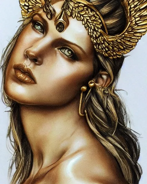 Prompt: realism tattoo sketch of beautiful super model aphrodite greek goddess wearing a gold laurel wreath and triangle earrings,, beautiful piercing gaze with sharp pupils, beautiful blonde hair, in the style of greg rutkowski, fantasy, amazing detail, epic, elegant, smooth, sharp focus, front view