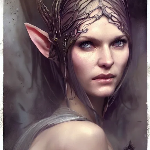 Image similar to hyper realistic photograph portrait of elven scavenger sorceress, cinematic, artstation, cgsociety, greg rutkowski, james gurney, mignola, craig mullins, brom