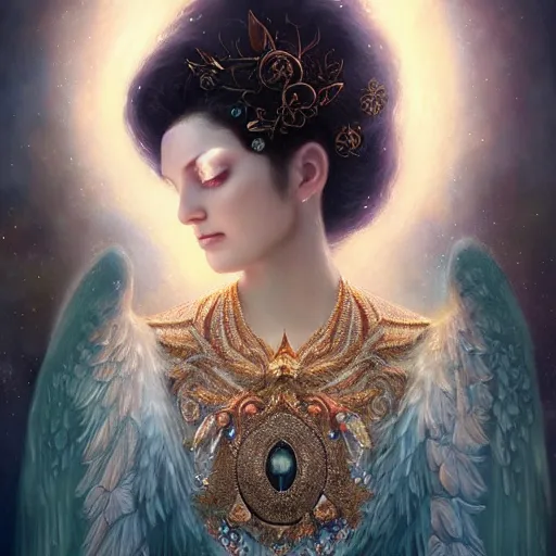 Image similar to A beautiful digital painting of a female Seraphim full of jewels, princess, the moon behind her, intricate, cinematic lighting, highly detailed, digital painting, Artstation, concept art, smooth, sharp focus, illustration, art by Tom Bagshaw, Artgerm and Greg Rutkowski