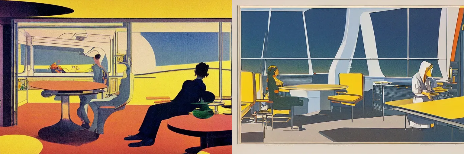 Prompt: glorious minimalist illustration by Jean Giraud, vintage sci-fi comic book illustration by Syd Mead and Ralph Mcquarrie, interior by Syd Mead, surrealist overhead surveillance view of yellow kitchen, by Edward Hopper, by Jean Giraud, art nouveau