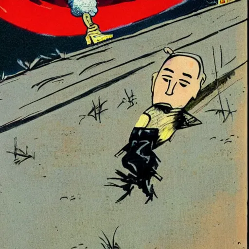 Image similar to a frightened funny ukrainian is trying to escape, badly injured from radiation from a huge nuclear explosion, a nuclear missile flies right at him