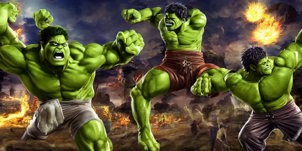 Prompt: epic anime battle between the king tut and the incredible hulk, king tut and the hulk battling, king tut vs hulk, digital art, game art, character design, trending on artstation, ultra realistic, ultra detailed