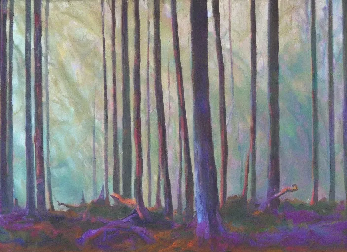 Image similar to forest hiding pagan ritual lights, oil on canvas