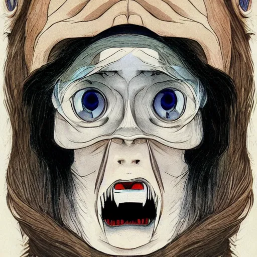 Image similar to human with a mirror for a face by studio ghibli, color, gothic art, highly detailed, detailed, dramatic, scary, horror, eerie, dramatic, 8 k