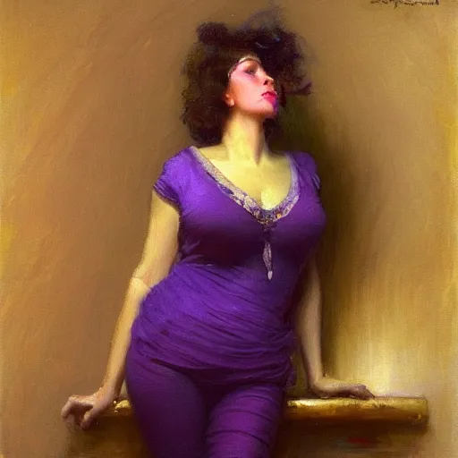 Prompt: a woman in a purple shirt with an hourglass body type, painting by Gaston Bussiere, Craig Mullins