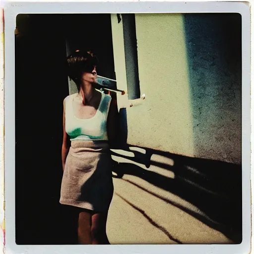Image similar to a beautiful instant photograph of a short hair woman smoking in the street, leaning on the wall, polaroid, technicolor, light leak, raw,