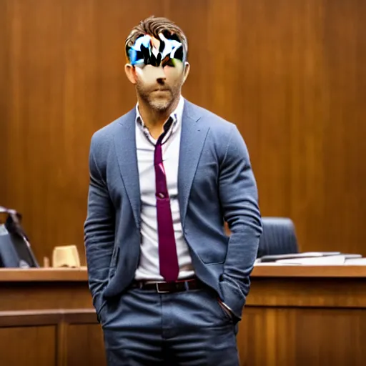 Image similar to ryan reynolds on trial in a courtroom, highly detailed, extremely high quality, hd, 4 k, 8 k, professional photographer, 4 0 mp, lifelike, top - rated, award winning, realistic, detailed lighting, detailed shadows, sharp, no blur, edited, corrected, trending