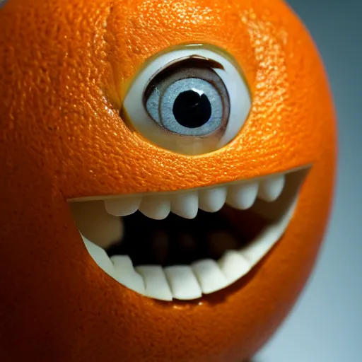 Prompt: a taxidermized annoying orange. in a museum. 8 5 mm lens. 7 0 mm entrance pupil diameter