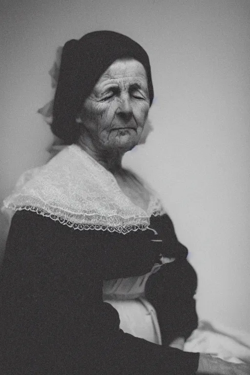 Image similar to A hyper-realistic black and white photograph taken with a 50mm 1.4 lens of a 180-year-old woman with her eyes closed