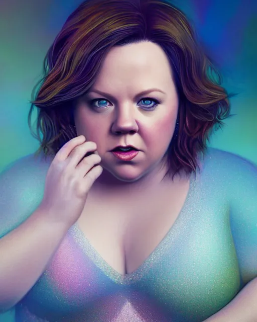 Image similar to Fullbody potrait of Melissa McCarthy as an angel, hyper realistic, prismatic highlights, atmosphere, gorgeous, depth of field, cinematic, macro, concept art, 50mm, artstation, wlop, elegant, epic, weta digital, focus, octane render, v-ray, 8k, kodak portra, art by Liberatore