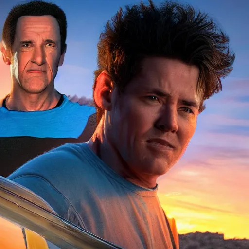Image similar to A realistic photo of Mark Grayson from Invincible, hyper-realistic, 8K HDR, sunset.