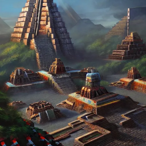 Prompt: futuristic aztec mayan city, otherland, realistic, extremely detailed, cgi, trending on artstation, hyper - realistic render, 4 k hd wallpaper, premium prints available, by greg rutkowski, michael whelan