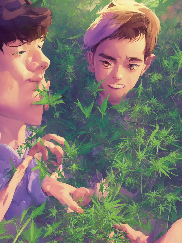 Image similar to kid with green purple flowers of marijuana hemp cannabis, behance hd by jesper ejsing, by rhads, makoto shinkai and lois van baarle, ilya kuvshinov, rossdraws global illumination, golden ratio, symmetrical beauty face