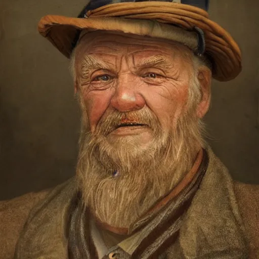 Image similar to realistic renderings of very old fisher man portrait with a hat, port scene background, astonishing scenes, detailed, photorealism