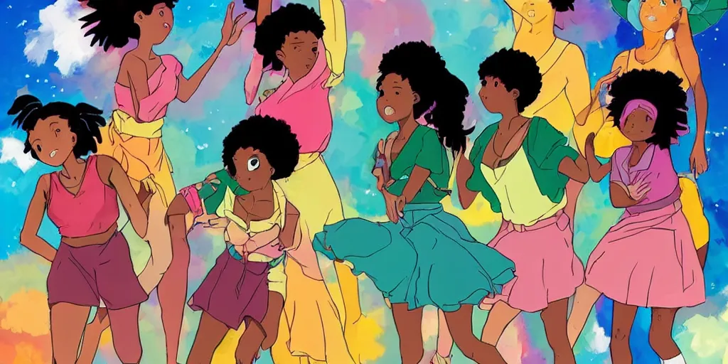 Image similar to colourful, beautiful black girls dancing ,in the style of studio Ghibli,