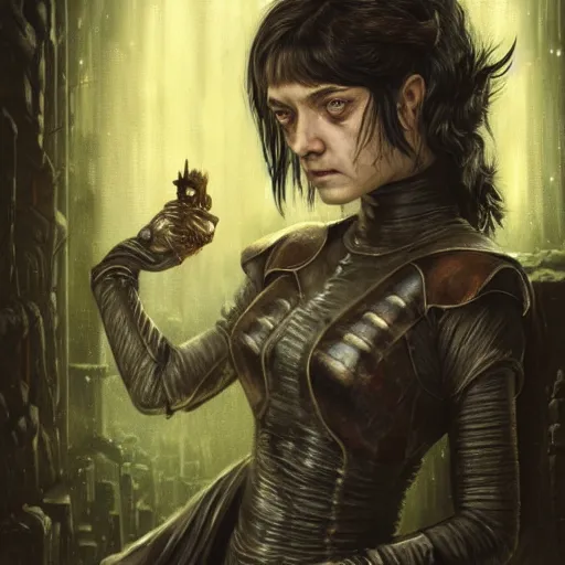 Prompt: portrait of arya stark as a succubus in a dark ancient attic room,full character, melting ,8k,by tristan eaton,Stanley Artgermm,Tom Bagshaw,Greg Rutkowski,Carne Griffiths, Ayami Kojima, Beksinski, Giger,trending on DeviantArt,face enhance,hyper detailed,minimalist,cybernetic, android, blade runner,full of colour