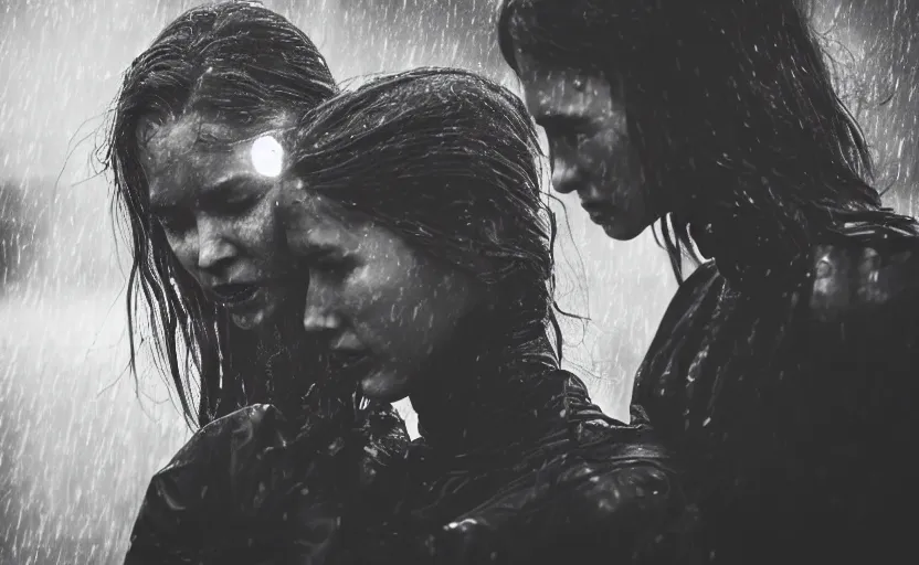 Prompt: cinestill 5 0 d candid photographic portrait by christopher nolan of two loving female androids sobbing wearing rugged black mesh techwear in treacherous waters, extreme closeup, modern cyberpunk moody emotional cinematic, pouring rain menacing lights shadows, 8 k, hd, high resolution, 3 5 mm, f / 3 2, ultra realistic faces, ex machina