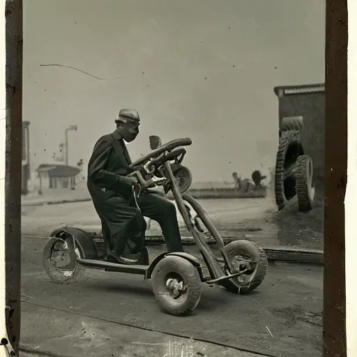 Image similar to photograph of an eldery gentleman towing a howitzer! artillery! with a mobility scooter on a street