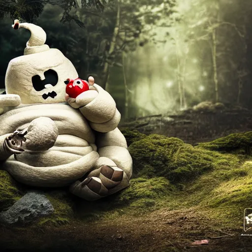 Image similar to A marshmallow man wearing Japan demon mask sitting sad in the forest alone surrounded by animals, enchanted forest, hyperrealistic, detailed, depth of field, High definition, 8k, depth of field, octane render, artstation