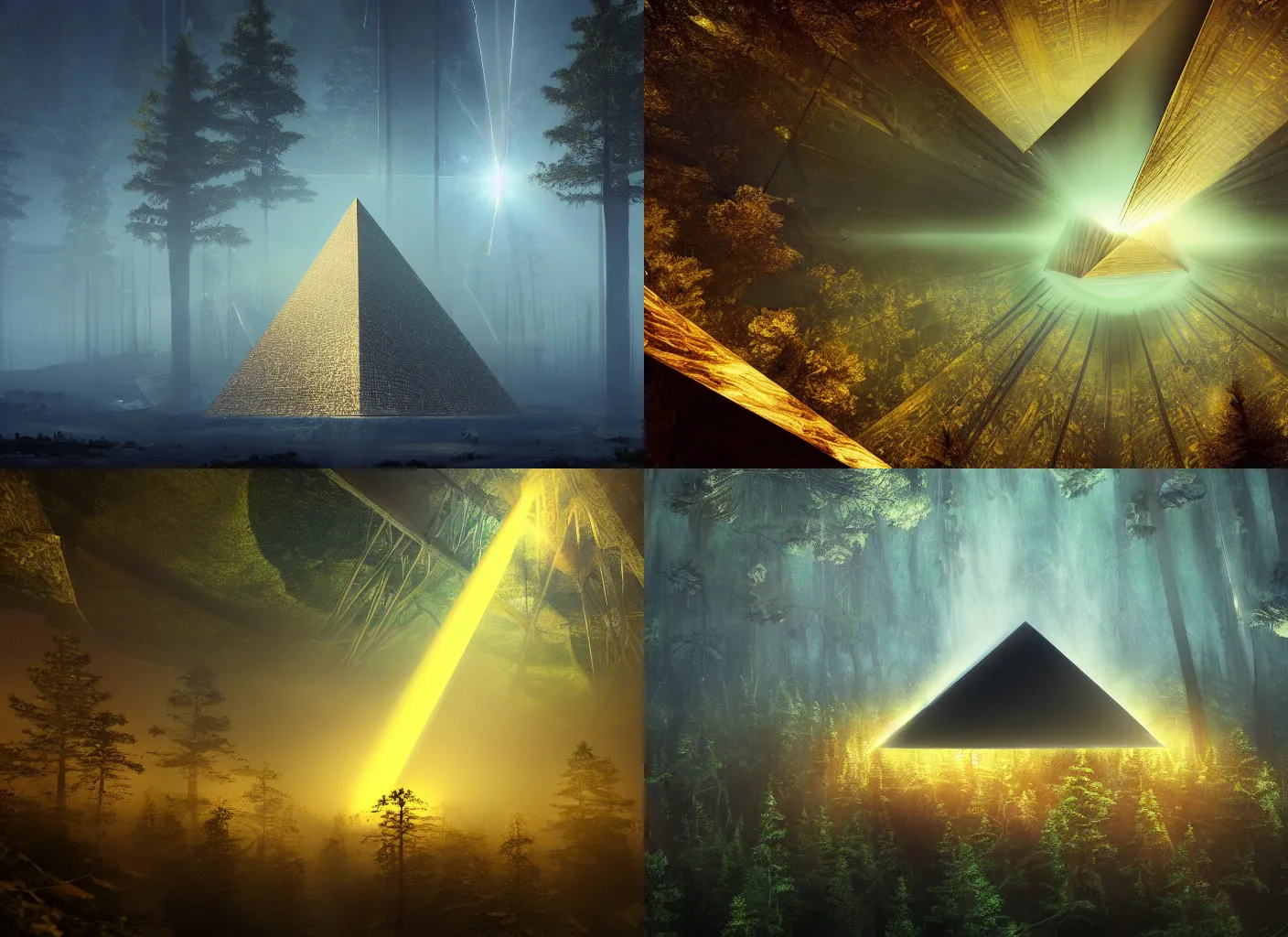 Prompt: a ultradetailed beautiful render of an inverted pyramid floating above a forest, a beam of light comes out of the center of the pyramid into the forest, scifi, artstation, cinematic lighting, hyperdetailed, 8 k, high resolution, beautiful, elegant, golden ratio, dark fractal background, vfx, art deco, postprocessing