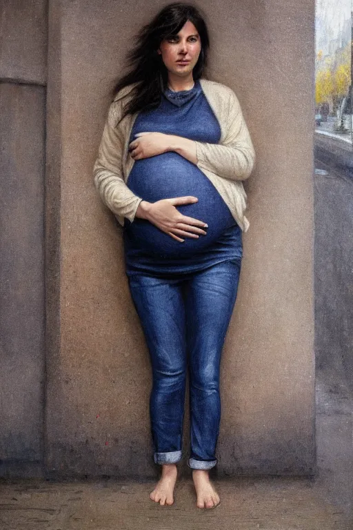 Prompt: pregnant woman under street light, jeans and sweater, by Alyssa Monks, Bouguereau