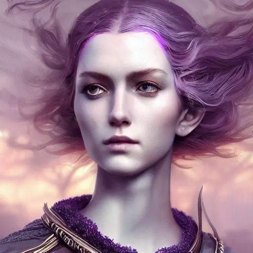 Prompt: picture generation, soft painting curiosities ornaments synthwave, beautiful elven female warrior in full long dress, accurate features, focus, very intricate ultrafine details, black white purple volumetric clouds, award winning masterpiece, octane render 8 k hd, tom bagshaw artstyle, fantasy forest