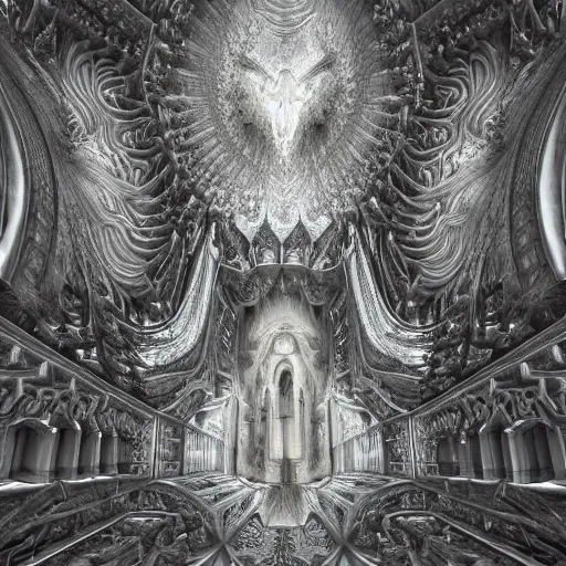 Image similar to a hyperrealistic 3 d render of a huge sprawling fractal cathedral interior populated by mandelbrot fractals by android jones, unreal engine, carved stone, carved soap, white color scheme, volumetric lighting, octane render, dramatic lighting, glowing, carved marble, opalescent, sacred geometry, religious, angelic, catholicpunk, stark, 8 k, ultra detailed