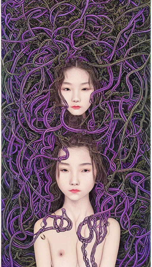 Prompt: very detailed portrait of a 2 0 years old girl surrounded by tentacles, the youg woman visage is blooming from fractal and vines, by zeng fanzhi