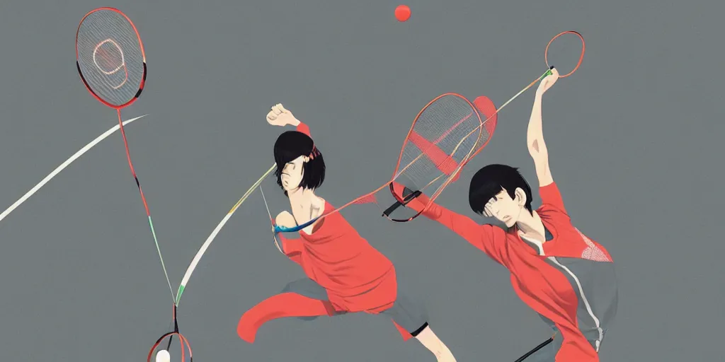 Image similar to illustration of a badminton, realistic body poses, badminton rackets, badminton birdies, by ilya kuvshinov katsuhiro otomo