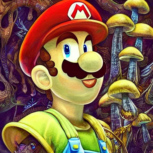 Image similar to a realistic portrait of super mario surrounded by mushrooms by android jones