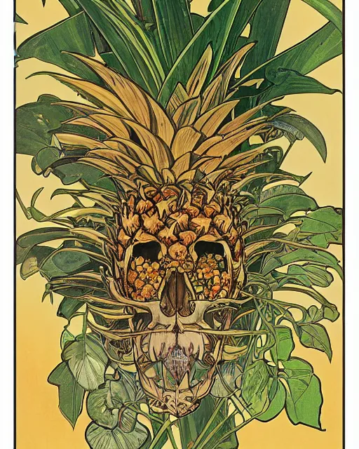 Prompt: Poster of a tiger skull with pineapple leaves growing out of the top art surrounded by varities of flowers, cell shading, by Alphonse Mucha, Moebius, hiroshi yoshida, Art Nouveau, colorful, ultradetailed, vivid colour, 3d