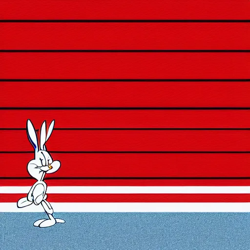 Prompt: photo of bugs bunny sitting infront of a red wall with blue stripes ultra realistic, hyper realistic, highly detailed, sharp focus, digital art