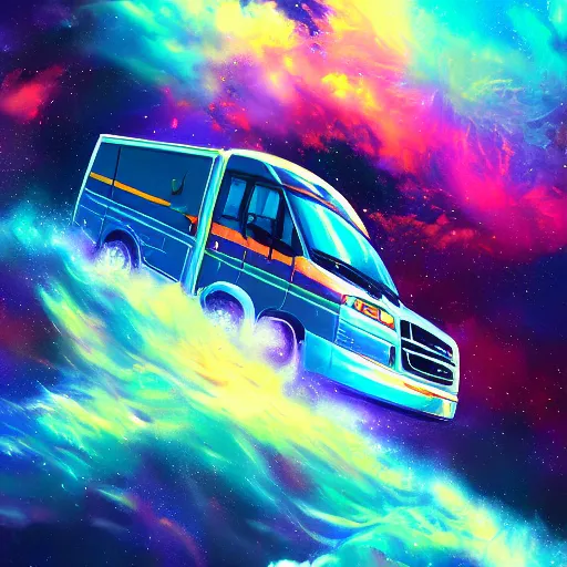 Prompt: beautiful digital painting of an RV driving through space, hyperdetailed, vivid colors, trending on Artstation