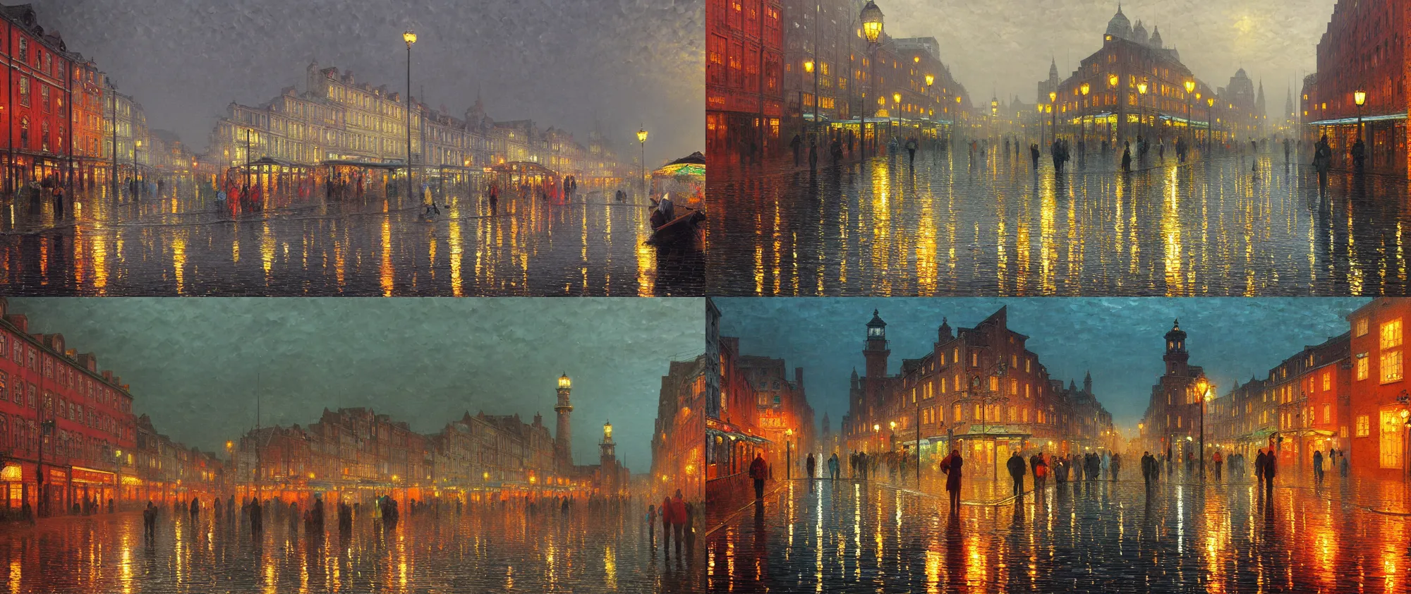 Prompt: closeup of wet city street, market square, harbor, reflections, lighthouse, shimmering iridescent water, in the style of John Atkinson Grimshaw, Zdzislaw Beksinski, Leonid Afremov and Canaletto, highly detailed, soft lighting, film grain, medium format, 8k resolution, oil on canvas