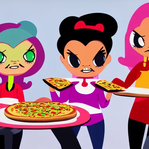 Image similar to powerpuff girls eating pizza as a realistic human, 4 k, highly detailed, art station