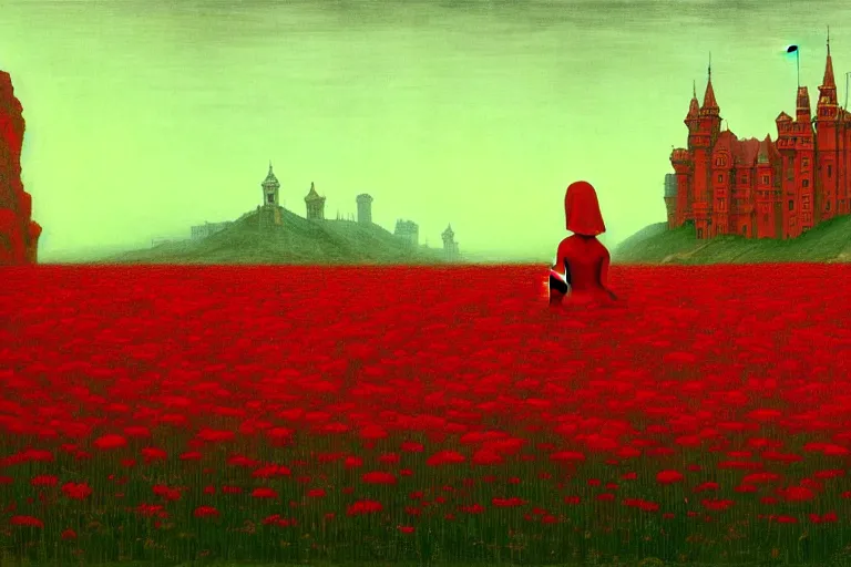 Image similar to only with red, red flowers of different types, red castle in background, red medieval goblins, in the style of beksinski, parts by edward hopper, parts by rodcenko, parts by yue minjun, intricate and epic composition, red by caravaggio, insanely quality, highly detailed, masterpiece, red light, artstation, 4 k