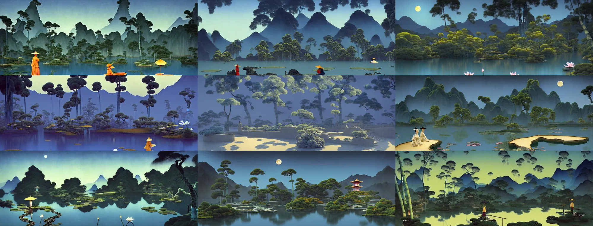 Image similar to a gorgeous landscape painting by barlowe wayne maxfield parrish and marco mazzoni. chinese temple. drak blue night sky. just one winter moon!! just one lonely chinese wuxia with bamboo hat walks on the winding steps. blooming lotus lake!! ultra clear detailed. 3 d, octane render. turbulent blood lake.