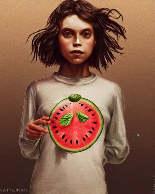 Prompt: a scarecrow using a shirt with an amazing texture, holding a watermellon, patterns on shirts, gentle, posing, watermelon farm, vaporwave, bedroom, highly detailed, digital painting, artstation, concept art, smooth, sharp focus, illustration, art by artgerm and greg rutkowski and alphonse mucha