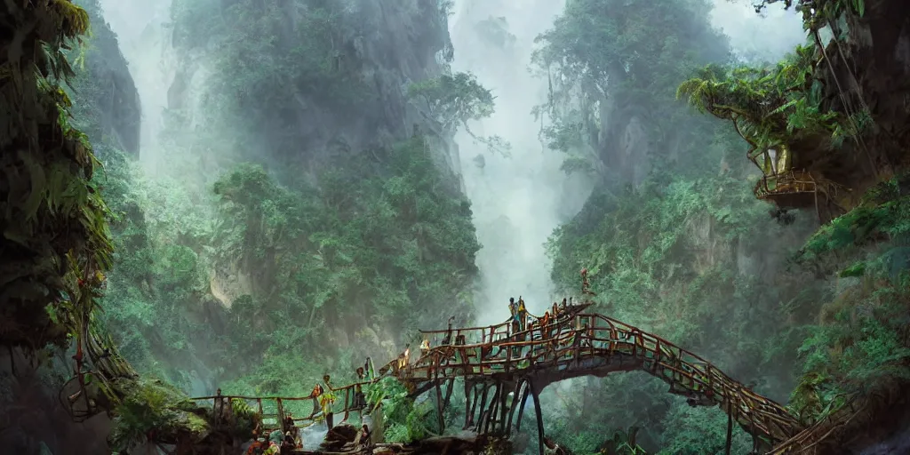 Prompt: jungle rainforest cliffs with treehouse village. tiered catwalks and rope bridges. wooden cabins. foggy valley and mountains fading into the distance, at sunset. waterfalls. neverland. peter pan kids wearing war paint and headdresses, standing on the rope bridges. dinosaurs. magic the gathering card art by greg rutkowski.