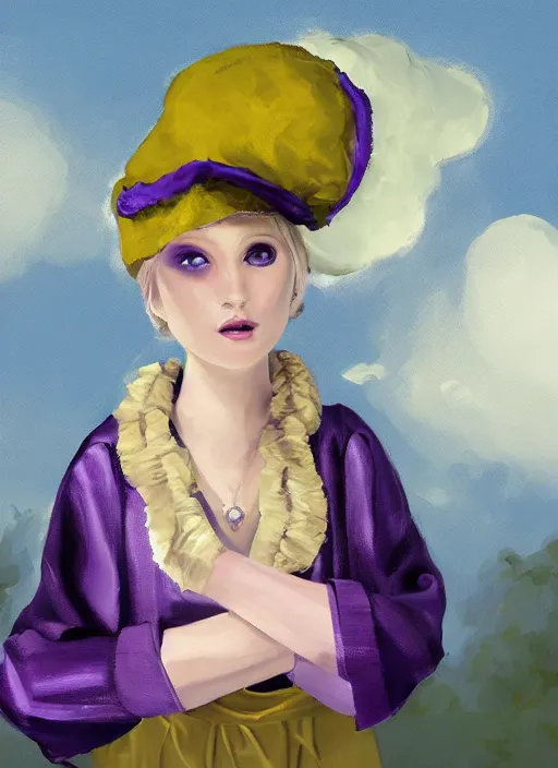 Prompt: A painting of a beautiful and mysterious young Fortune Teller with short blond hair wearing an oversized purple Beret, Baggy Purple overall shorts, Short Puffy pants made of silk, silk shoes, a big billowy scarf, Golden Ribbon, and white leggings Covered in stars. Short Hair. Sunlit. Moonlit. Cloudscape. Concept Art, Digital Painting, By william-adolphe bouguereau and Alexandre Cabanel and Rembrant and WLOP and Artgerm and alphonse mucha. Smooth. Elegant. Sharp Focus. Highly Detailed. Intricate. 4K. UHD. Denoise.